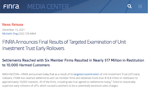 FINRA Sanctions Brokerage Firms For UIT Rollovers